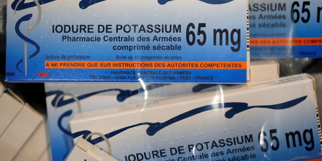 Iodine pills are seen in a classroom in Fessenheim during a nuclear accident drill near France's oldest nuclear power station, June 12, 2018.