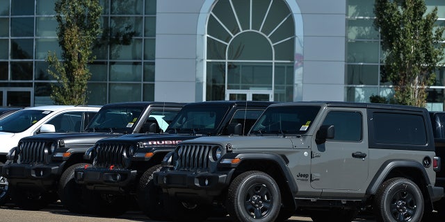 New Jeep vehicles parked outside a Chrystler, Jeep, Dodge and RAM dealership in South Edmonton.  On Wednesday, 24 August 2021, in Edmonton, Alberta, Canada. (Photo by Artur Widak/NurPhoto via Getty Images)