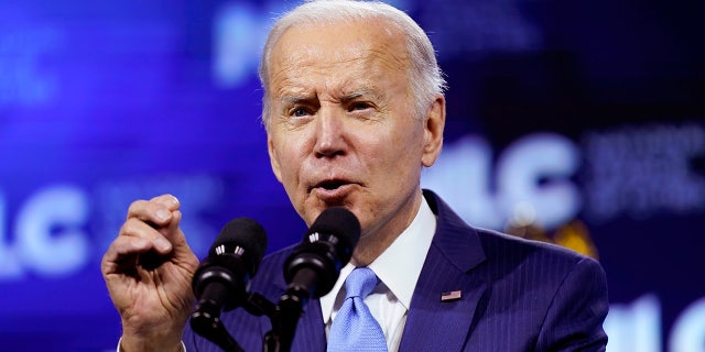 President Joe Biden speaks at the National League of Cities Congressional City Conference, Monday, March 14, 2022, in Washington. (AP Photo/Patrick Semansky)