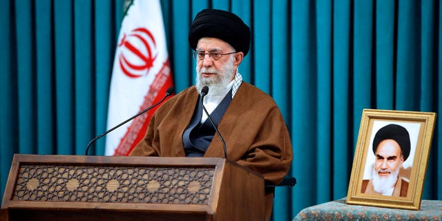 Supreme Leader Ayatollah Ali Khamenei delivers a televised New Year's Eve speech in Tehran, Iran, on Monday, March 21, 2022, in this photo posted on the official website of the Office of the Supreme Leader of Iran.