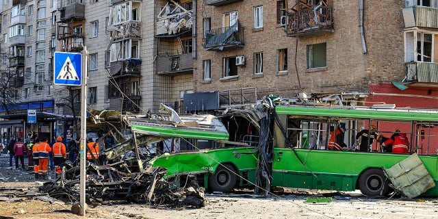 Trolleybus damaged by Russian army rocket fire in Kyiv.