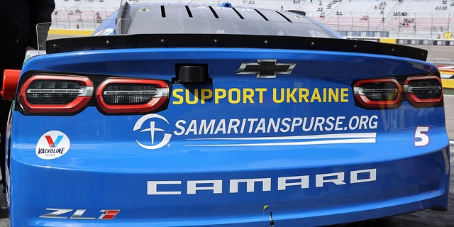 Kyle Larson's Hendrick Motorsports Chevrolet carried "SUPPORT UKRAINE" messaging during NASCAR's Las Vegas race.