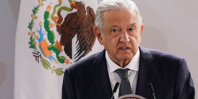 Mexican President Andres Manuel Lopez Obrador speaks during a ceremony to commemorate in Mexico City's main square the Zocalo, Aug. 13, 2021. 