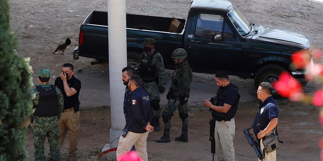 Army officers and Michoacan state prosecutors inspect the cockfighting site 