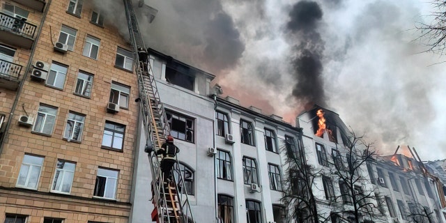 KHARKIV, UKRAINE - MARCH 02: (----EDITORIAL USE ONLY â MANDATORY CREDIT - "STATE EMERGENCY SERVICE OF UKRAINE / HANDOUT" - NO MARKETING NO ADVERTISING CAMPAIGNS - DISTRIBUTED AS A SERVICE TO CLIENTS----) A view of damaged regional police station building after a Russian missile attack in Kharkiv, Ukraine on March 2, 2022 . (Photo by State Emergency Service of Ukraine/Handout/Anadolu Agency via Getty Images)