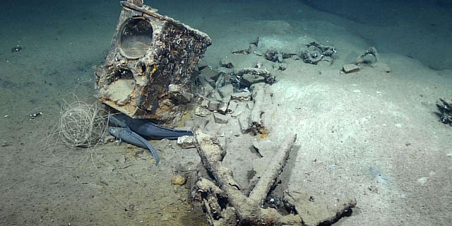 This image taken by NOAA Ocean Exploration in February 2022 shows what researchers believe to be the wreck of the only whaling ship known to have sunk in the Gulf of Mexico. The two-masted brig Industry went down in 1836 about 70 miles from the mouth of the Mississippi River. (NOAA Ocean Exploration via AP)