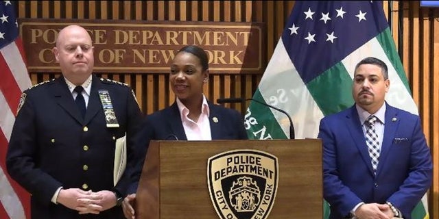 New York Police Commssioner Keechant L. Sewell updates the news media on several cases investigators are working on. 