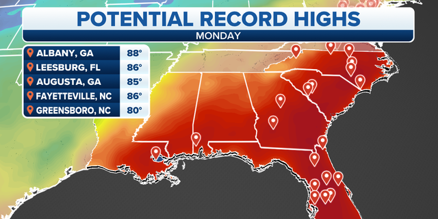 Areas where high temperature records could be broken.