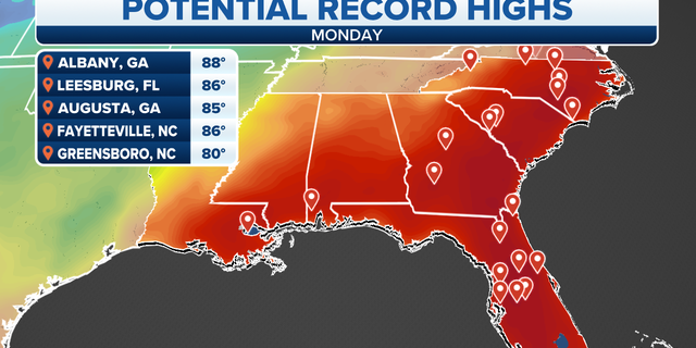 Areas where high temperature records could be broken.
