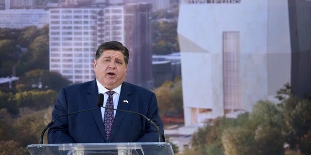 Illinois Governor JB Pritzker speaks during a groundbreaking ceremony at the Obama Presidential Center in Jackson Park on September 28, 2021 in Chicago.  (Getty Images)
