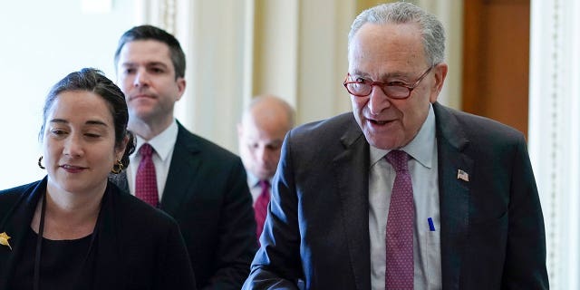 Senate Majority Leader Chuck Schumer of New York walks on Capitol Hill, Tuesday, March 15, 2022, in Washington. 