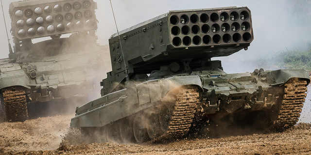 MOSCOW, RUSSIA - 2021/08/25: Russian Army TOS-1A "Solntsepyok (Blazing Sun)" multiple rocket launcher and thermobaric weapon mounted on a T-72 tank chassis seen during the annual Army Games defense technology international exhibition. s)