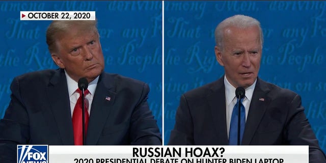 Joe Biden (right), responds to a debate question about his son Hunter, as Donald Trump (left), looks on
