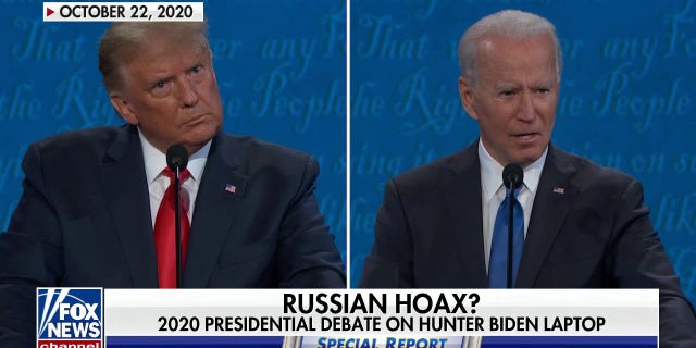 Joe Biden (right), responds to a debate question about his son Hunter, as Donald Trump (left), looks on