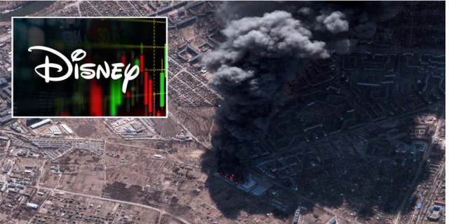 A satellite image shows a blaze at warehouse and destroyed fields in Chernihiv, Ukraine, Feb. 28, 2022. Inset: Disney logo. 