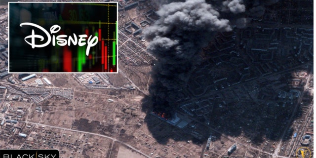 A satellite image shows a blaze at warehouse and destroyed fields in Chernihiv, Ukraine, Feb. 28, 2022. Inset: Disney logo.