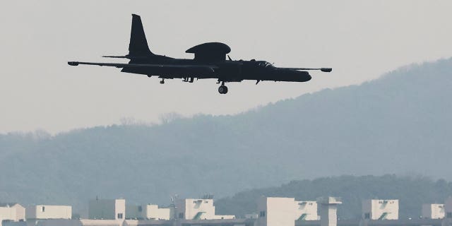 A U.S. Air Force U-2 spy plane prepares to land at the Osan U.S. Air Base in Pyeongtaek, South Korea, Wednesday, March 16, 2022.
