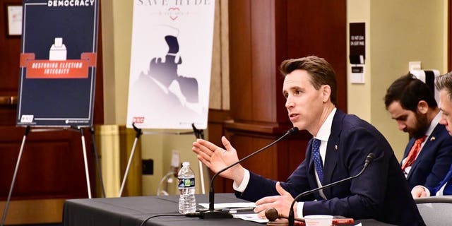 Sen. Josh Hawley, R-Mo., addresses members of the Republican Study Committee (RSC) on Capitol Hill on March 30, 2022.