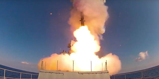 In this image provided by Russian Defense Ministry Press Service and released on Friday, June 23, 2017, long-range Kalibr cruise missiles are launched by a Russian Navy ship in the eastern Mediterranean. The Russian invasion of Ukraine is the largest conflict that Europe has seen since World War II, with Russia conducting a multi-pronged offensive across the country. The Russian military has pummeled wide areas in Ukraine with air strikes and has conducted massive rocket and artillery bombardment resulting in massive casualties. (Russian Defense Ministry Press Service via WHD, File)