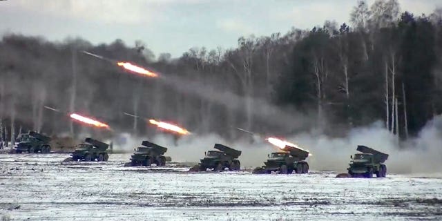 Multiple rocket launchers fire during the Belarusian and Russian joint military drills