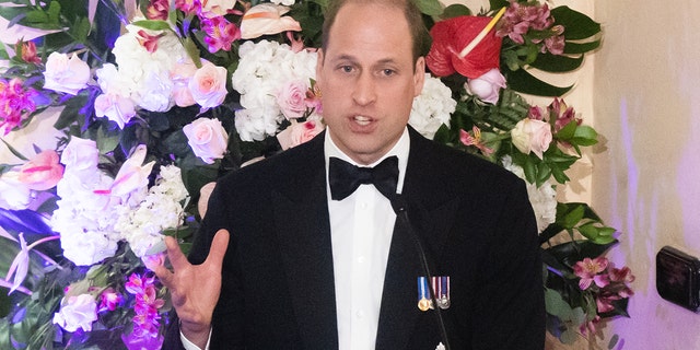 Prince William, Duke of Cambridge speaks on stage during a dinner hosted by the Governor General of Jamaica at King's House on March 23, 2022 in Kingston, Jamaica.