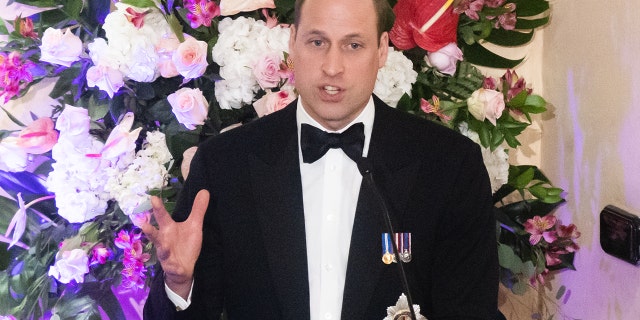 Prince William, Duke of Cambridge speaks on stage during a dinner hosted by the Governor General of Jamaica at King's House on March 23, 2022 in Kingston, Jamaica.