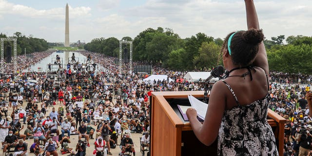 Yolanda Renee King, granddaughter of the Rev. Martin Luther King Jr., speaks during the March on Washington on the 57th anniversary of King's "I Have a Dream" speech on Aug. 28, 2020.