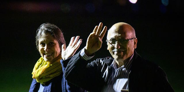 Nazanin Zaghari-Ratcliffe and Anoosheh Ashoori, who were freed from Iran, wave after landing at the Brize Norton air base in England on Thursday, March 17, 2022.