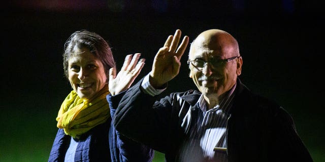 Nazanin Zaghari-Ratcliffe and Anoosheh Ashoori, who were freed from Iran, wave after landing at the Brize Norton air base in England on Thursday, March 17, 2022.