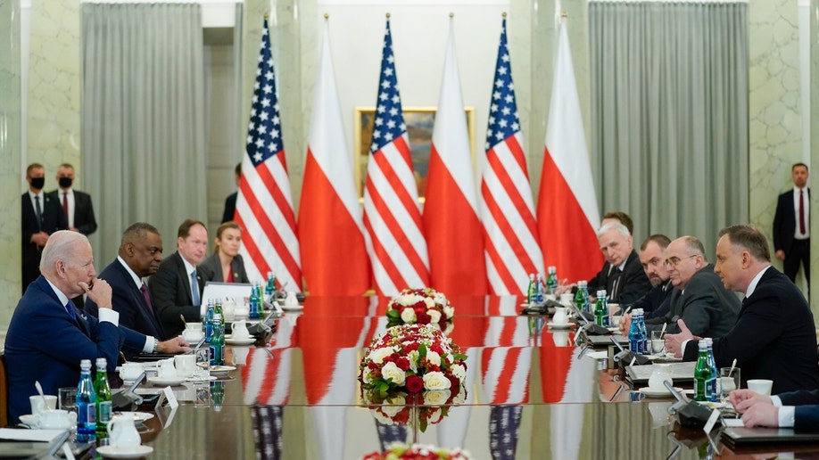 President Joe Biden meets with Polish President Andrzej Duda at the Presidential Palace, Saturday, March 26, 2022, in Warsaw. (AP Photo/Evan Vucci)