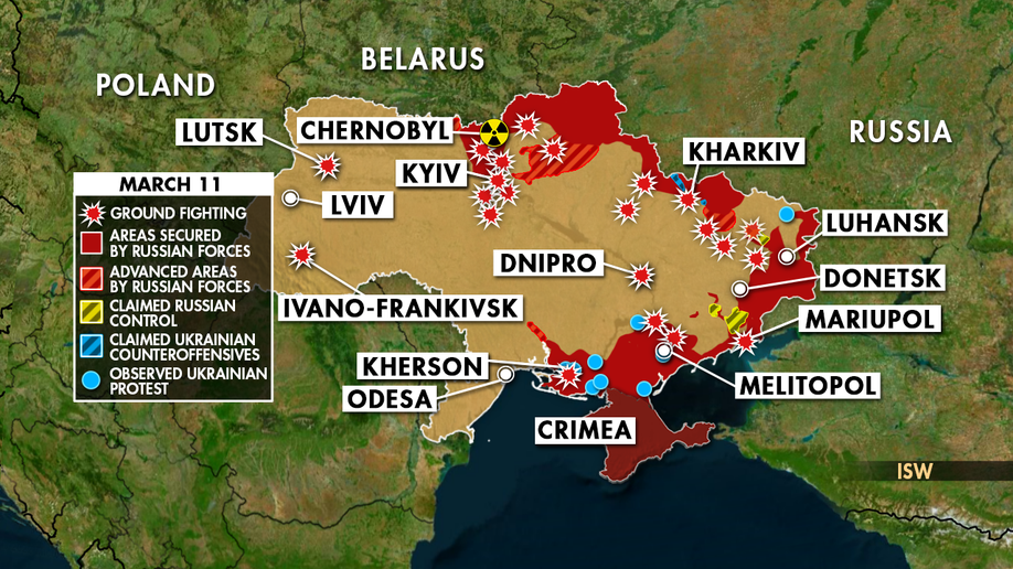 Map shows Russia's invasion of Ukraine as of Friday, March 11, 2022.