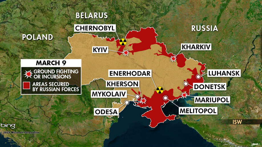 Map shows assessed control of Ukraine by Russian forces as of March 9, 2022.