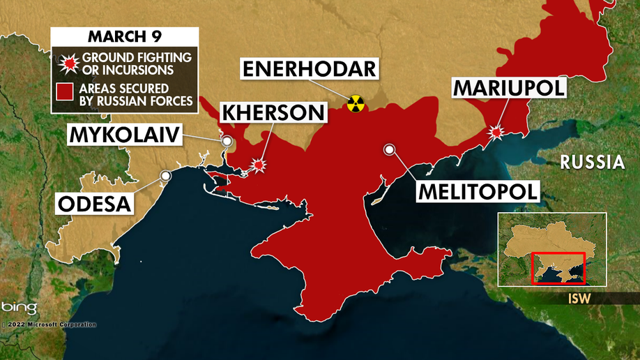 Map shows assessed control of the south of Ukraine by Russian forces as of March 9, 2022.