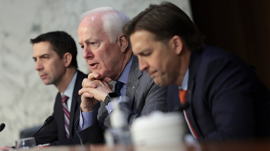 (L-R) Sen. Tom Cotton, R-Ark., Sen. John Cornyn, R-Texas, and Sen. Ben Sasse, R-Neb., listen to testimony from leaders of the intelligence community during a Senate Intelligence Committee on March 10, 2022, in Washington, DC. (Photo by Kevin Dietsch/Getty Images)