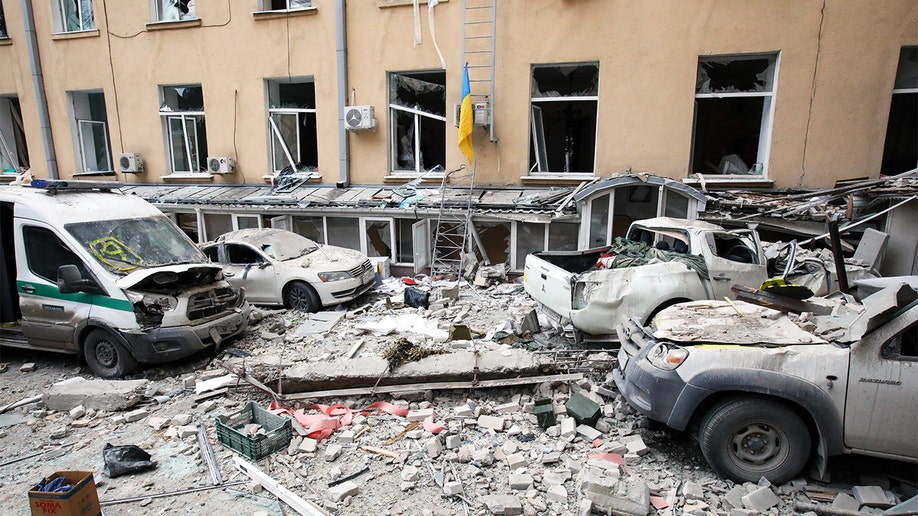 Damage is pictured after shelling by Russian troops of central Kharkiv,