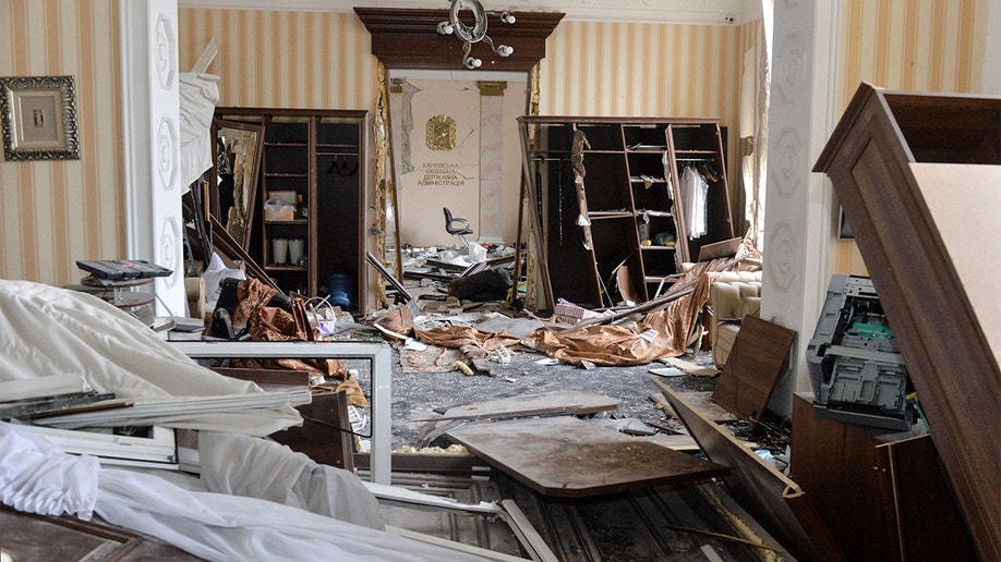 An interior view of the damaged local city hall of Kharkiv on March 1, 2022, destroyed as a result of Russian troop shelling.