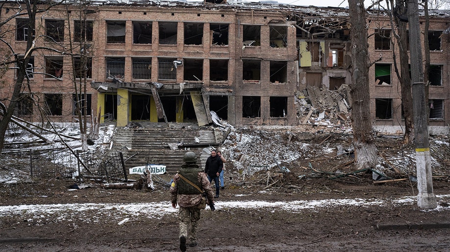 A high school building is seen damaged after yesterday's Russian missile attacks in Vasylkiv, Kyiv Oblast, Ukraine on March 1, 2022.