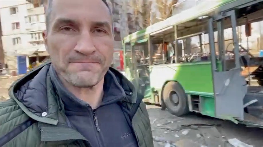 Video made by Kyiv Mayor Vitali Klitschko in the street of the capital city on Monday March 14, 2022 showing himself what civilian targets are bomb shelled by Russia army, inclunding a bus.
