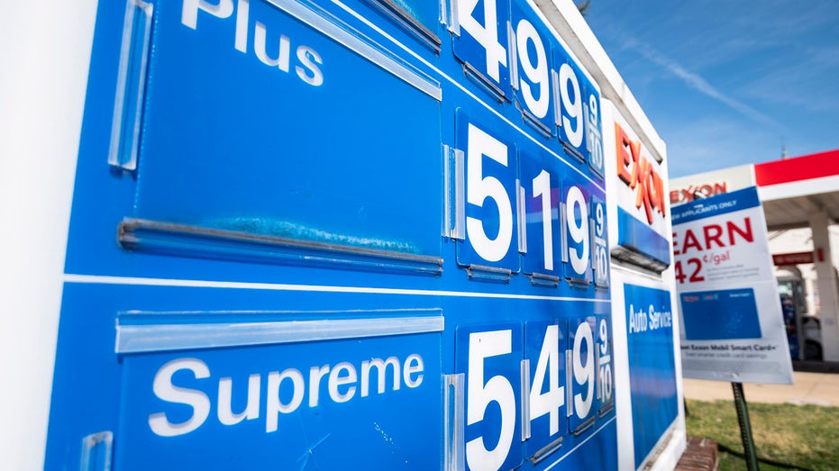 Gas prices are displayed outside an Exxon station in Washington on Tuesday, March 8, 2022. 