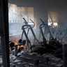 Fire continues to burn in a sports complex across the street from the Kyiv TV Tower on March 02, 2022 in Kyiv, Ukraine.