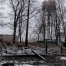 A dog walks through rubble on the road in front of the Kyiv TV Tower on March 02, 2022 in Kyiv, Ukraine.