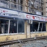 Damage is seen on the exterior of a sports complex building across the street from the Kyiv TV Tower on March 02, 2022 in Kyiv, Ukraine.