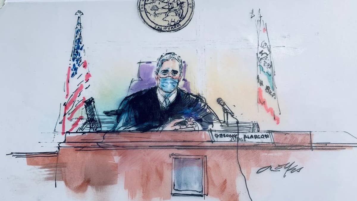 In this courtroom artist sketch, Los Angeles Superior Court Judge Gregory W. Alarcon sits in court in Los Angeles, Tuesday, April 19, 2022. 