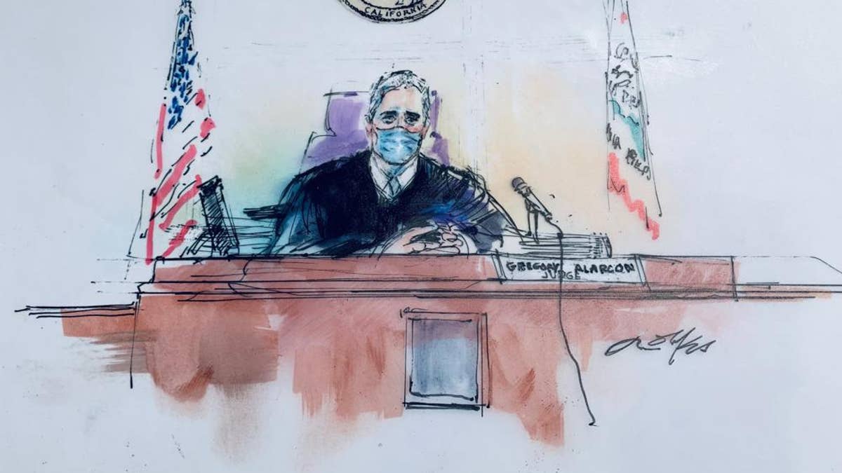 In this courtroom artist sketch, Los Angeles Superior Court Judge Gregory W. Alarcon sits in court in Los Angeles, Tuesday, April 19, 2022.