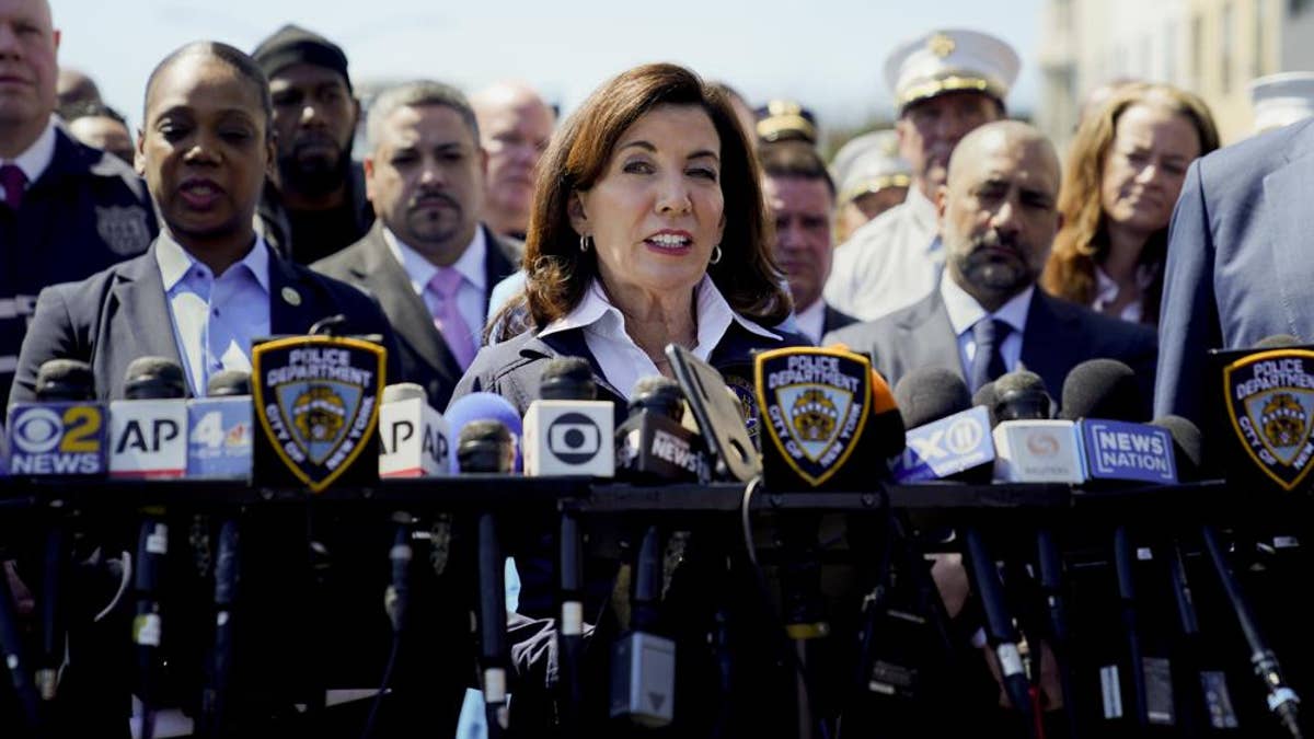 New York Gov. Kathy Hochul speaks at a news conference in the Brooklyn borough of New York, Tuesday, April 12, 2022.