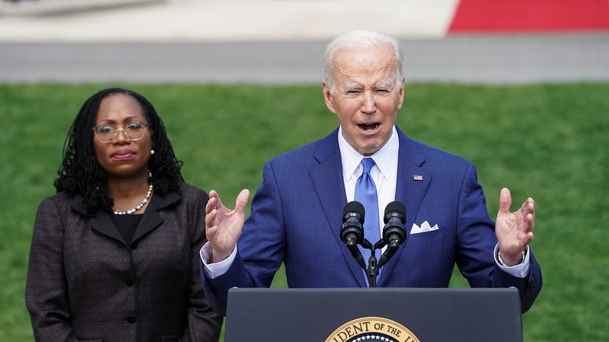 U.S. President Joe Biden delivers remarks on Judge Ketanji Brown Jackson’s confirmation as the first Black woman to serve on the U.S. Supreme Court, as she stands at his side during a celebration event on the South Lawn at the White House in Washington, U.S., April 8, 2022. 