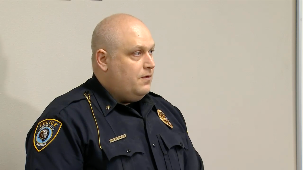 Chippewa Falls Police Chief Matthew Kelm delivers a news briefing