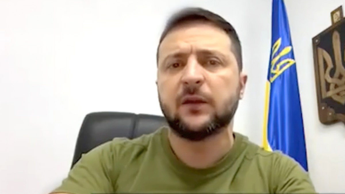 Ukrainian President Volodymyr Zelenskyy gives a speech.