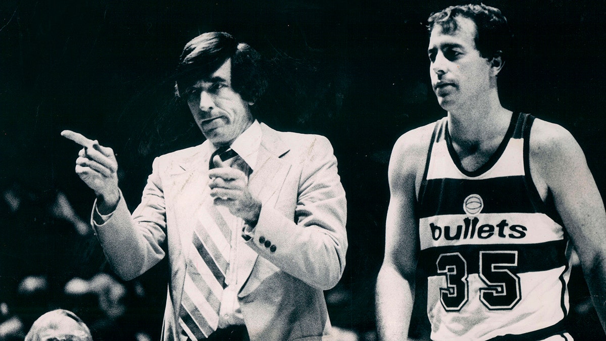Baltimore Bullets coach Gene Shue motions to the bench in this 1980 photo.