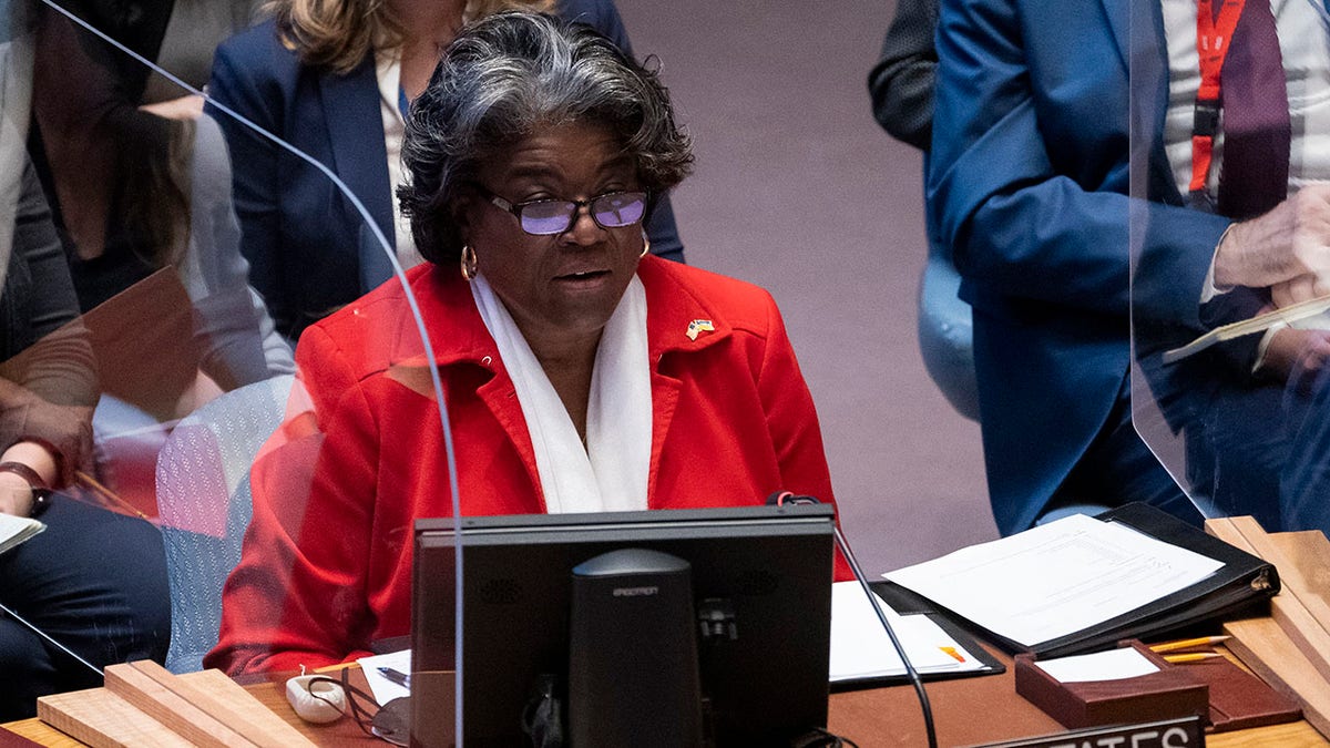 Linda Thomas-Greenfield, Permanent Representative of United States to the United Nations, speaks during a meeting of the UN Security Council on Tuesday at United Nations headquarters.